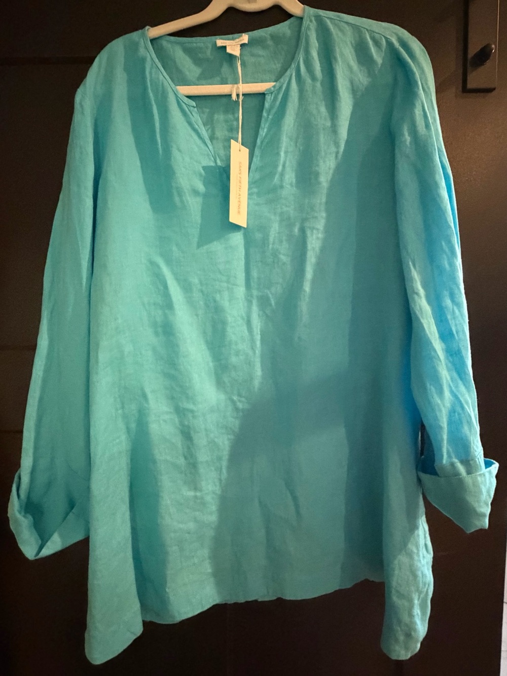 Saks Fifth Avenue Turquoise V-Neck Linen Tunic XL